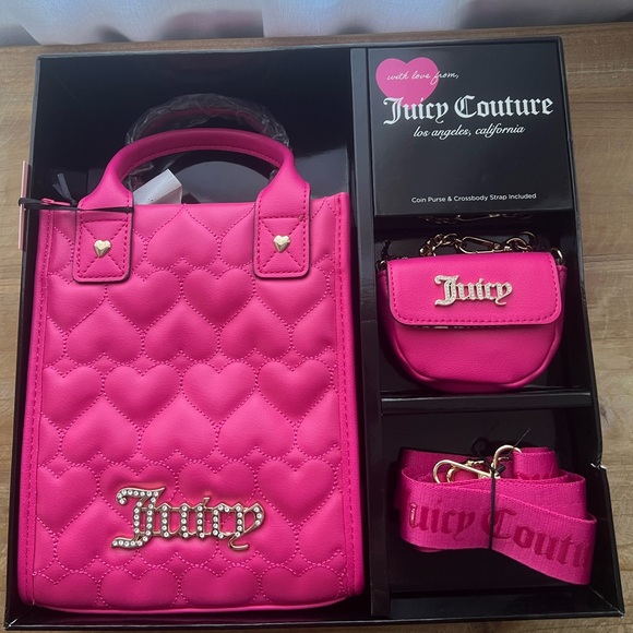 Juicy Couture Handbags - Juicy Couture Free Love Pink Quilted Heart Tote Crossbody Set New
